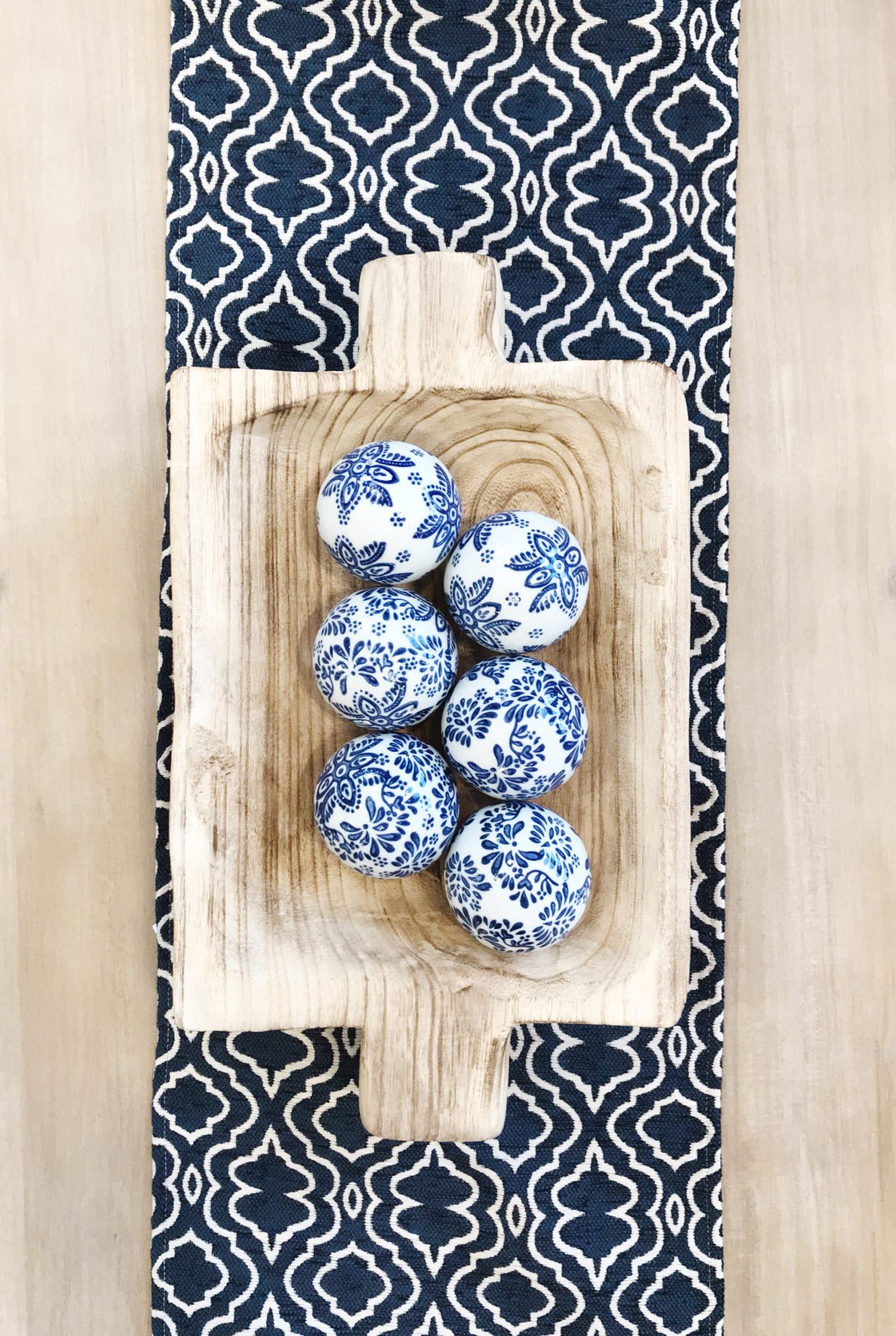 blue and white, blue table runner, decor accents