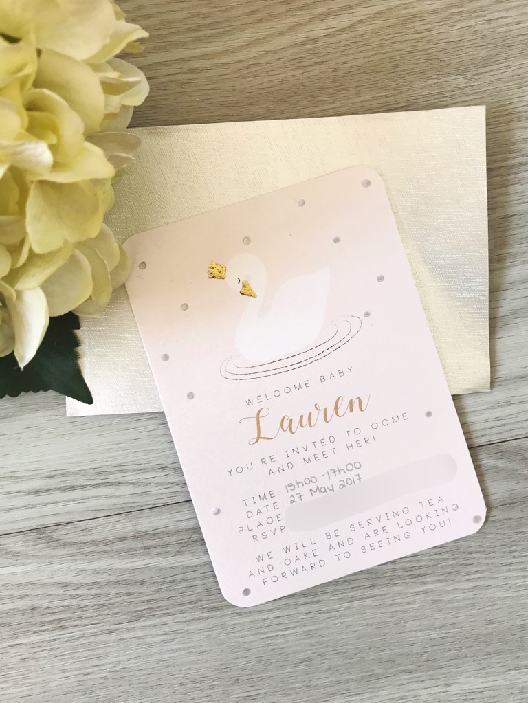 A beautiful printable swan invitation to welcome baby by Emma Smith