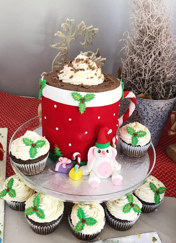 Hot cocoa Christmas cake with Christmas bunny