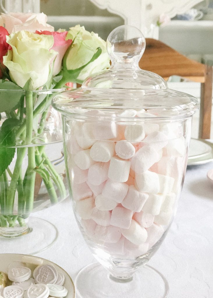 Mini marshmallow in pink and white with love heart sweets for table treats
