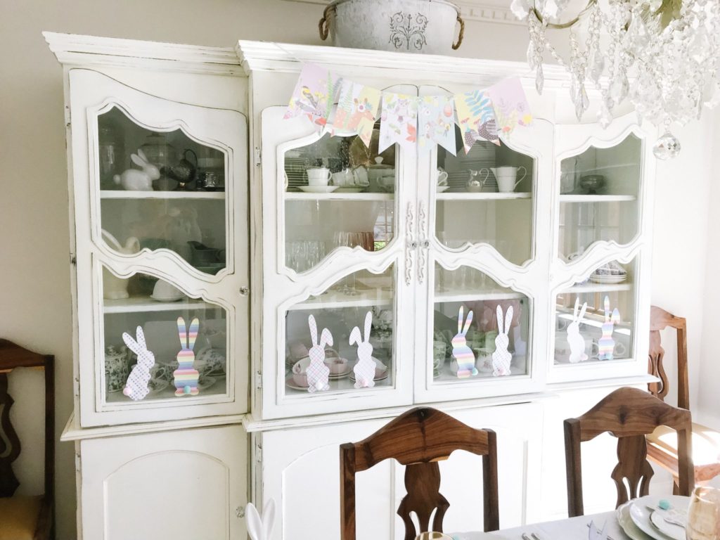 French cabinet with bunny cutouts and bunting for Easter
