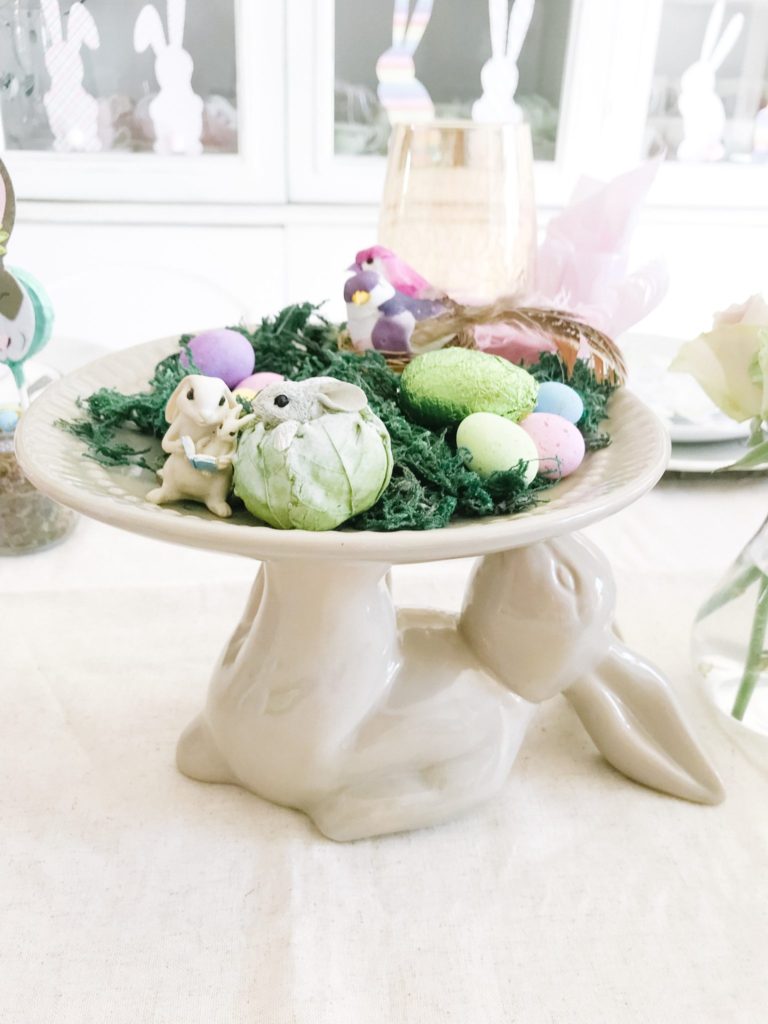 Easter table bunny cake stand centre piece with moss, birds and miniature bunnies