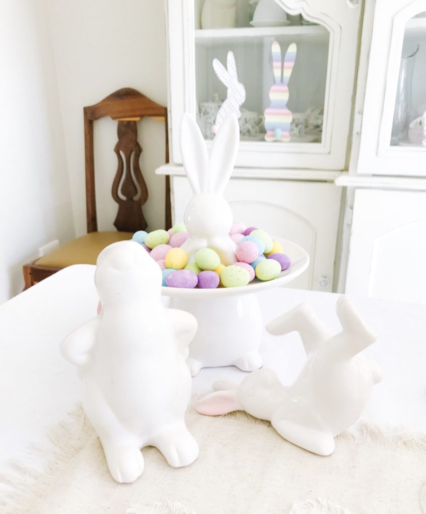 Ceramic bunnies, ceramic bunny cake stand with speckled eggs
