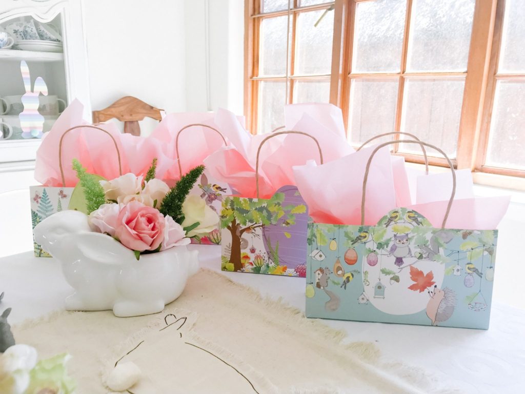 Easter hunt bags with bunny planter filled with roses