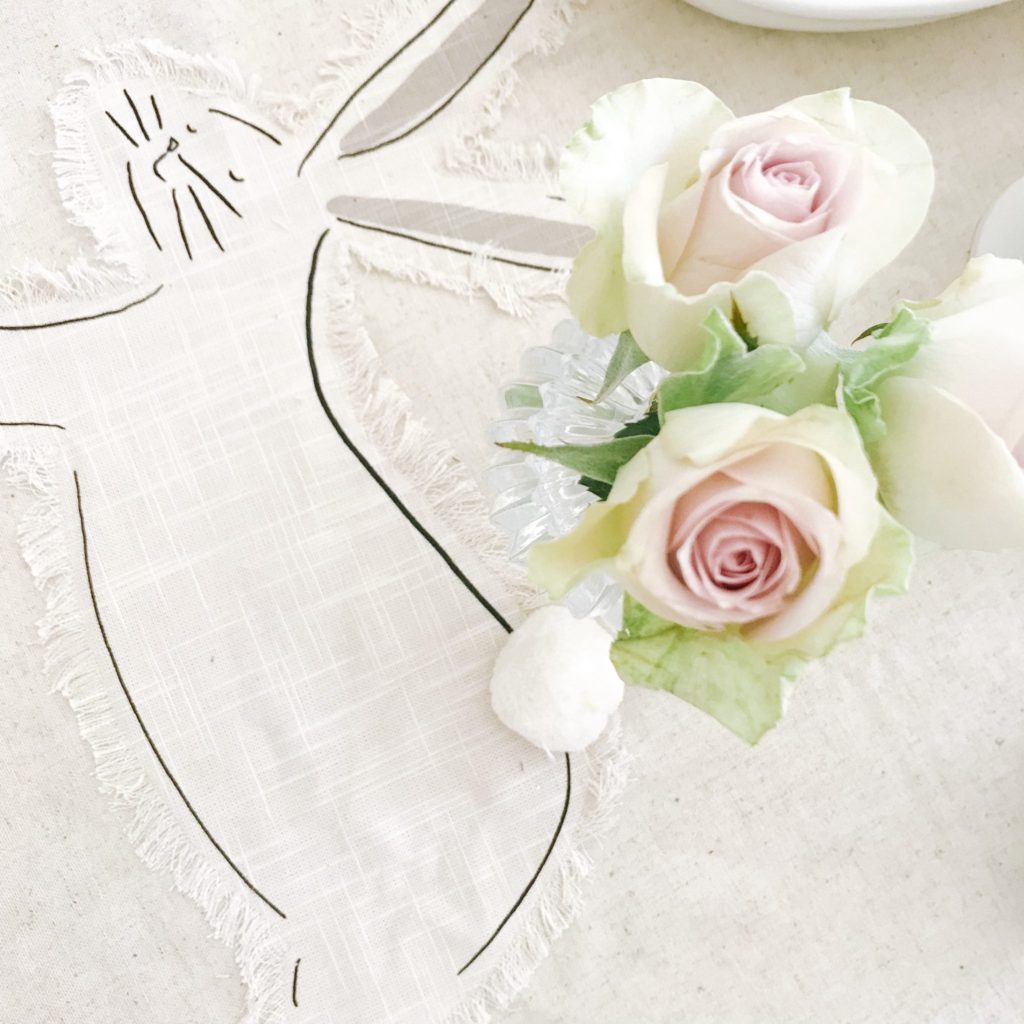 Bunny table runner with pink roses