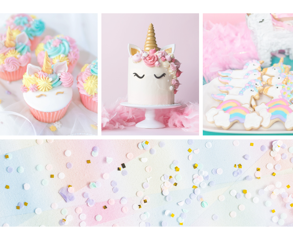 Unicorn party inspiration: sprinkles, cupcakes, birthday cake and biscuits