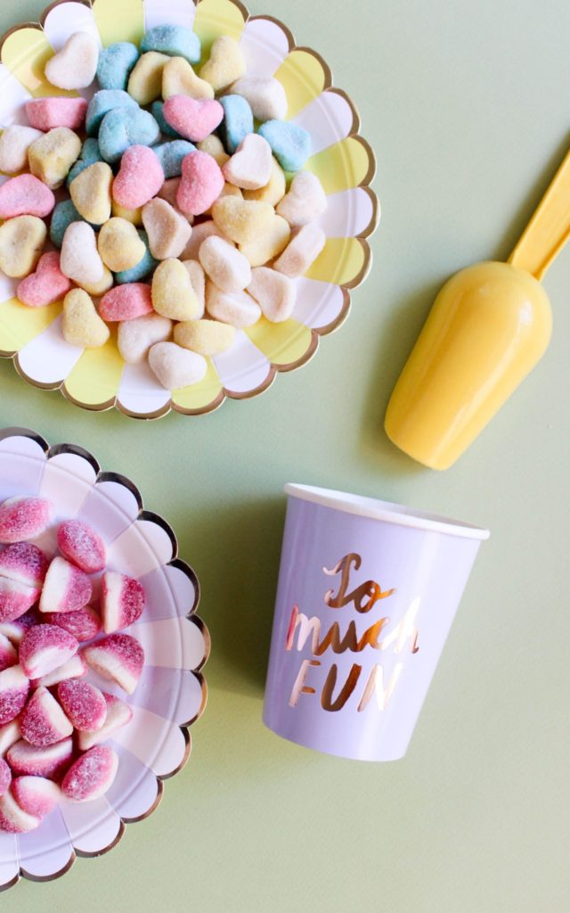 Paper party plates filled with sweets