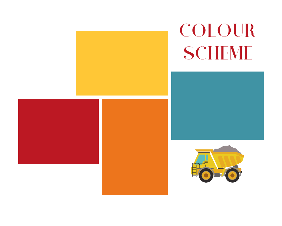A color scheme of red, yellow, orange and turquoise for a construction theme party