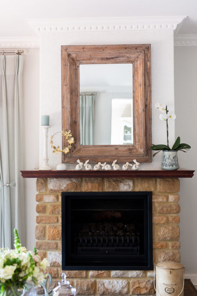 Living room fireplace and mantle