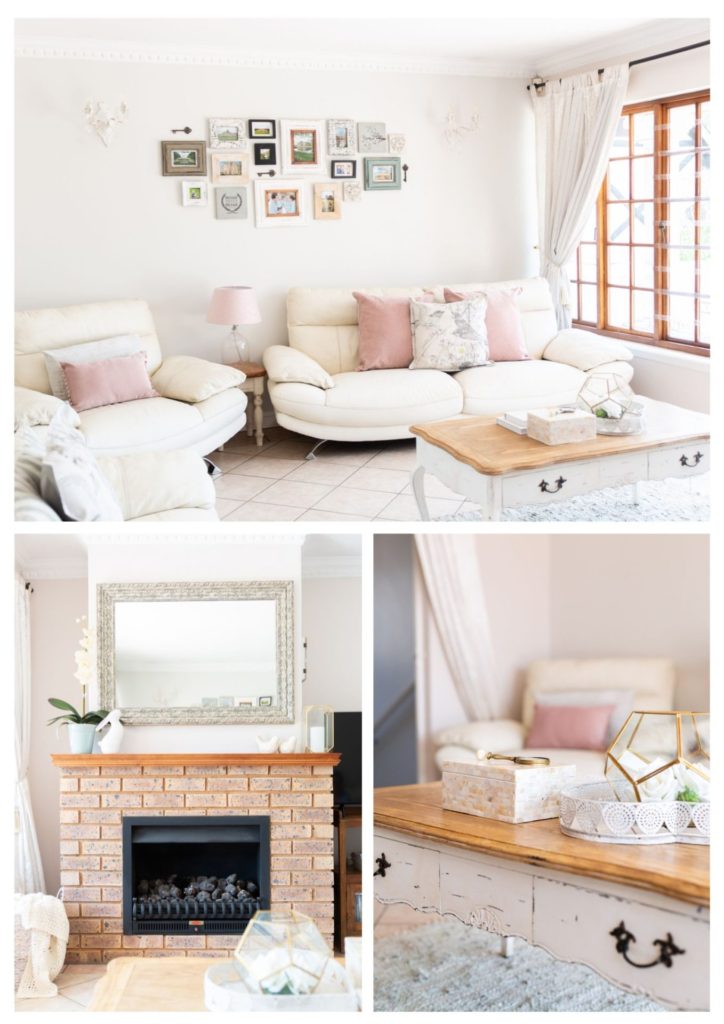 Neutral family room with blush and  gold accents