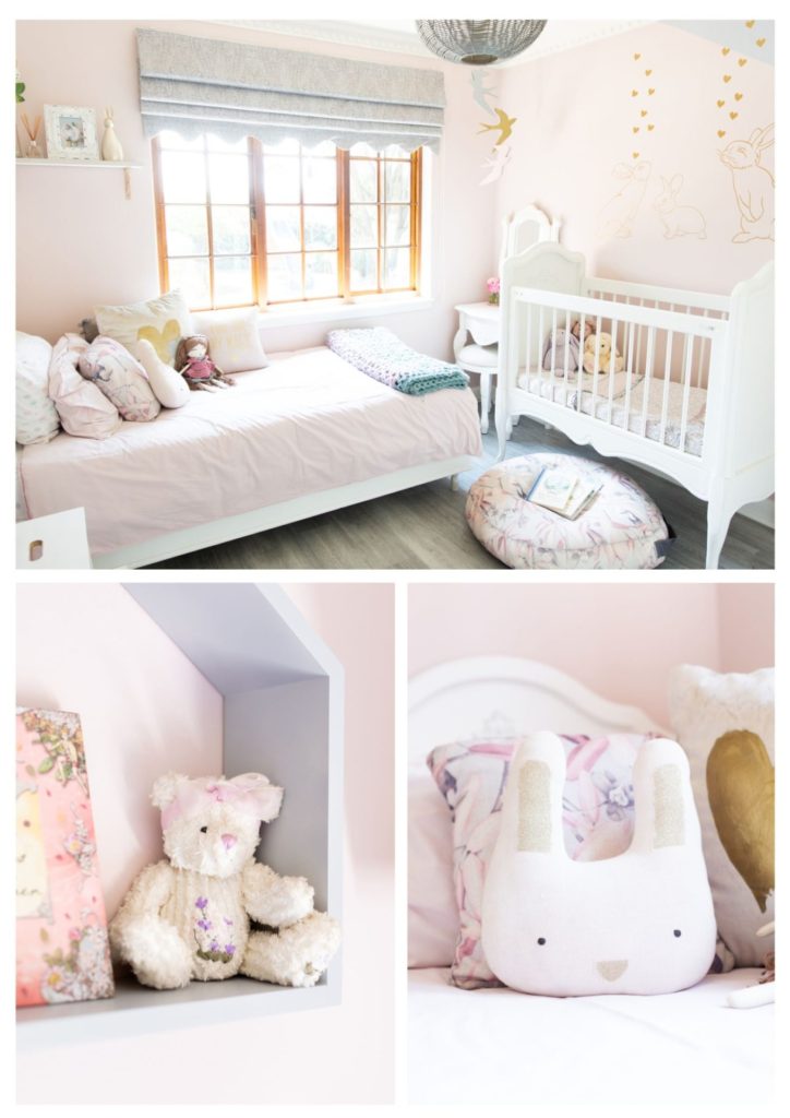 Pink, grey and gold girl's bedroom with close-ups of some details