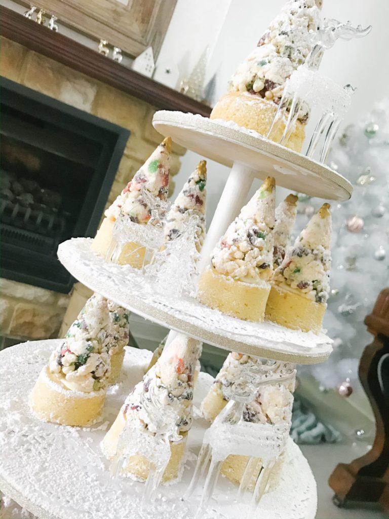 Christmas tree cones on a tiered cake stand