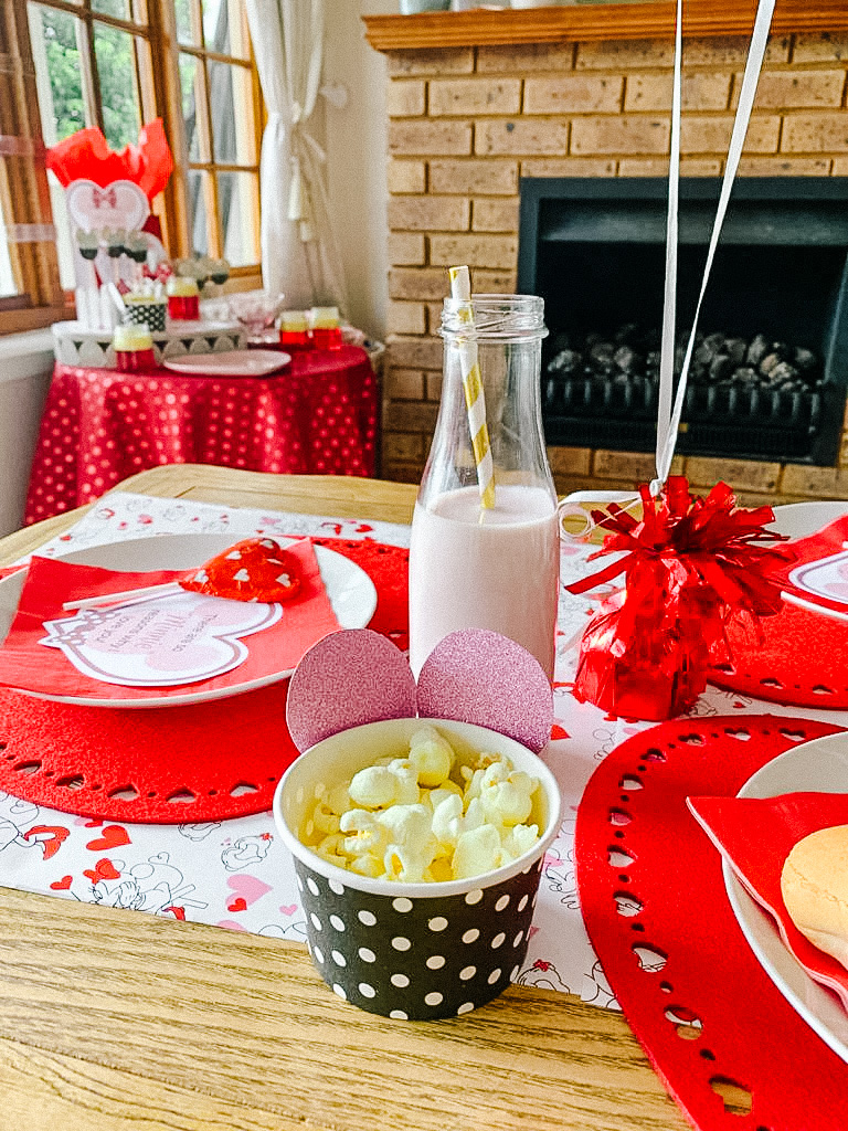 Strawberry milkshake and popcorn for Mickey and Minnie Mouse V-Day party