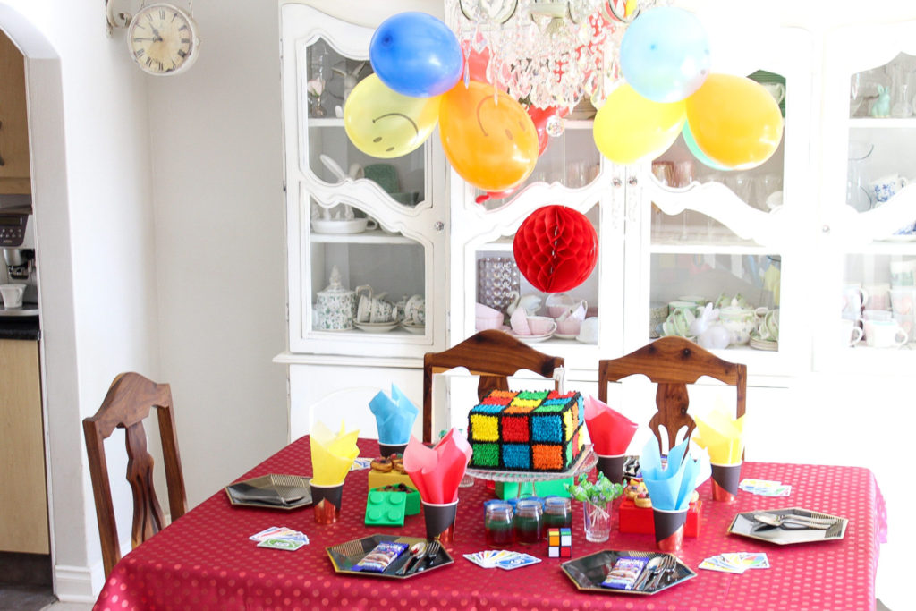 Rubik's cube inspired birthday party table setting