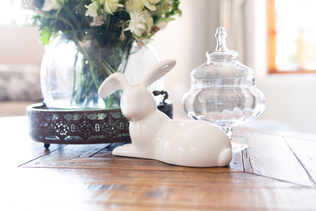Ceramic bunny on my coffee table adds some quirky-ness to my lived-in living room

