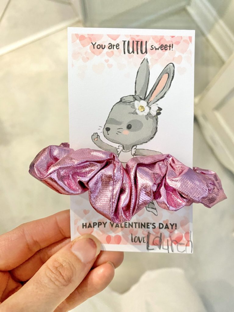 A bunny Ballerina Valentine's Day Craft with a scrunchie as a tutu